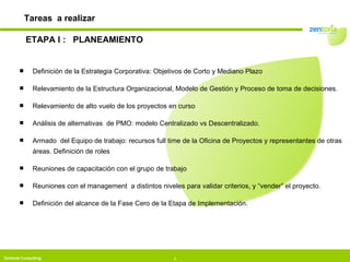 ETAPA I :  PLANEAMIENTO Definición de la Estrategia Corporativa: Objetivos de Corto y Mediano Plazo Relevamiento de la Estructura Organizacional, Modelo de Gestión y Proceso de toma de decisiones. Relevamiento de alto vuelo de los proyectos en curso Análisis de alternativas  de PMO: modelo Centralizado vs Descentralizado. Armado  del Equipo de trabajo: recursos full time de la Oficina de Proyectos y representantes de otras áreas. Definición de roles Reuniones de capacitación con el grupo de trabajo Reuniones con el management  a distintos niveles para validar criterios, y “vender” el proyecto. Definición del alcance de la Fase Cero de la Etapa de Implementación. Tareas  a realizar 