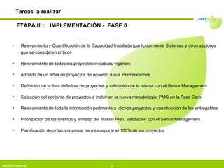 ETAPA III :  IMPLEMENTACIÓN -  FASE 0 Relevamiento y Cuantificación de la Capacidad Instalada (particularmente Sistemas y otros sectores que se consideren críticos Relevamiento de todos los proyectos/iniciativas vigentes Armado de un árbol de proyectos de acuerdo a sus interrelaciones. Definición de la lista definitiva de proyectos y validación de la misma con el Senior Management Selección del conjunto de proyectos a incluir en la nueva metodología  PMO en la Fase Cero. Relevamiento de toda la información pertinente a  dichos proyectos y construcción de los entregables Priorización de los mismos y armado del Master Plan. Validación con el Senior Management Planificación de próximos pasos para incorporar el 100% de los proyectos Tareas  a realizar 