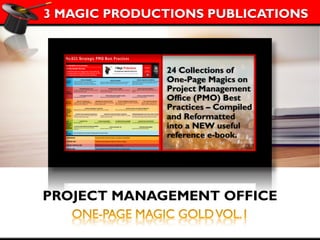 3 MAGIC PRODUCTIONS PUBLICATIONS
24 Collections of
One-Page Magics on
Project Management
Office (PMO) Best
Practices – Compiled
and Reformatted
into a NEW useful
reference e-book.
PROJECT MANAGEMENT OFFICE
 
