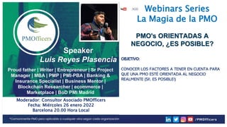 1
PMOfficers all rights reserved 2020-21
Webinars Series
La Magia de la PMO
Speaker
Luis Reyes Plasencia
Proud father | Wr...