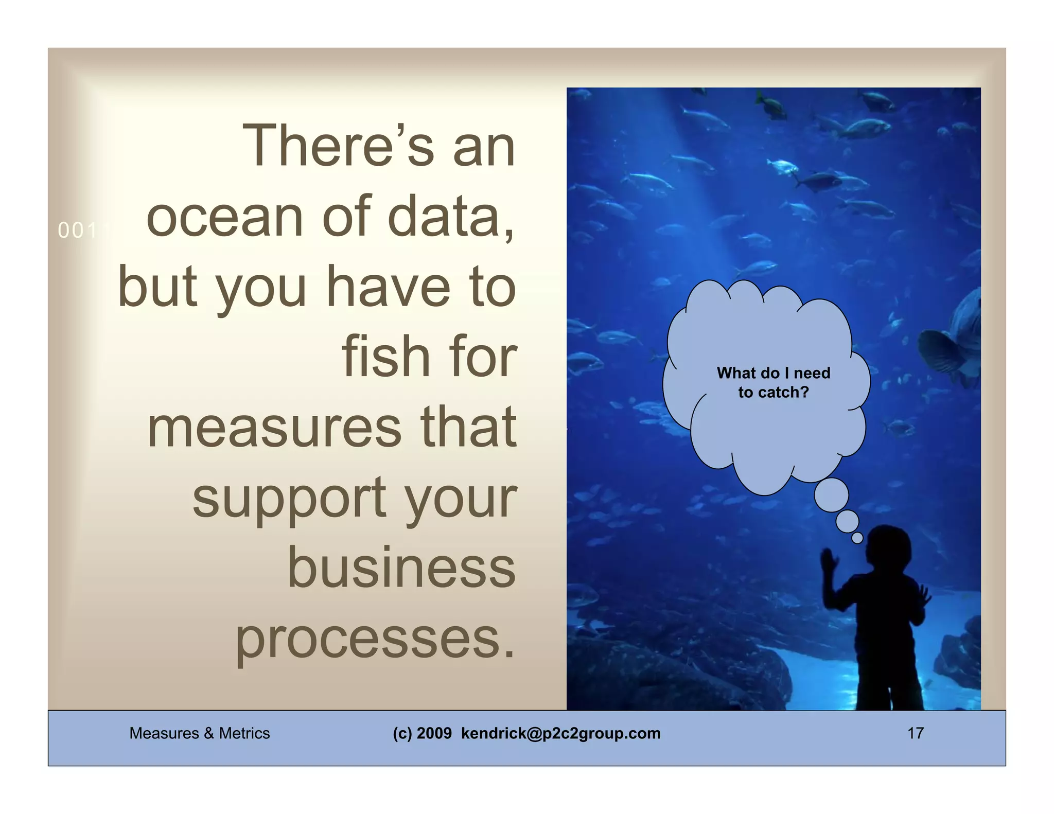 There’s an
     ocean of data,
0011 0010 1010 1101 0001 0100 1011


    but you have to
             fish for                                       What do I need
                                                              to catch?


     measures that
       support your
           business
         processes.
     Measures & Metrics   (c) 2009 kendrick@p2c2group.com                    17
 