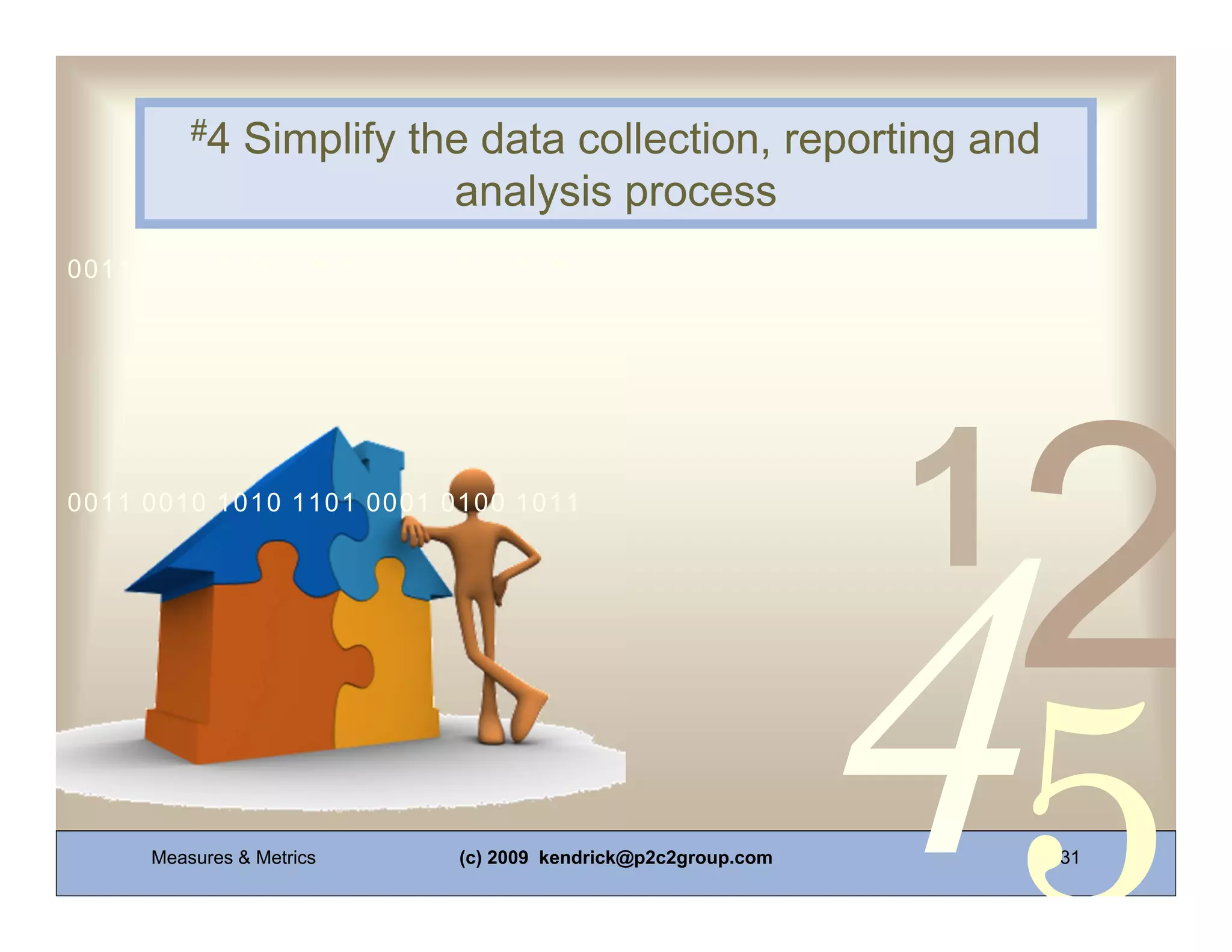 #4    Simplify the data collection, reporting and
                          analysis process
0011 0010 1010 1101 0001 0100 1011




0011 0010 1010 1101 0001 0100 1011




     Measures & Metrics   (c) 2009 kendrick@p2c2group.com    31
 