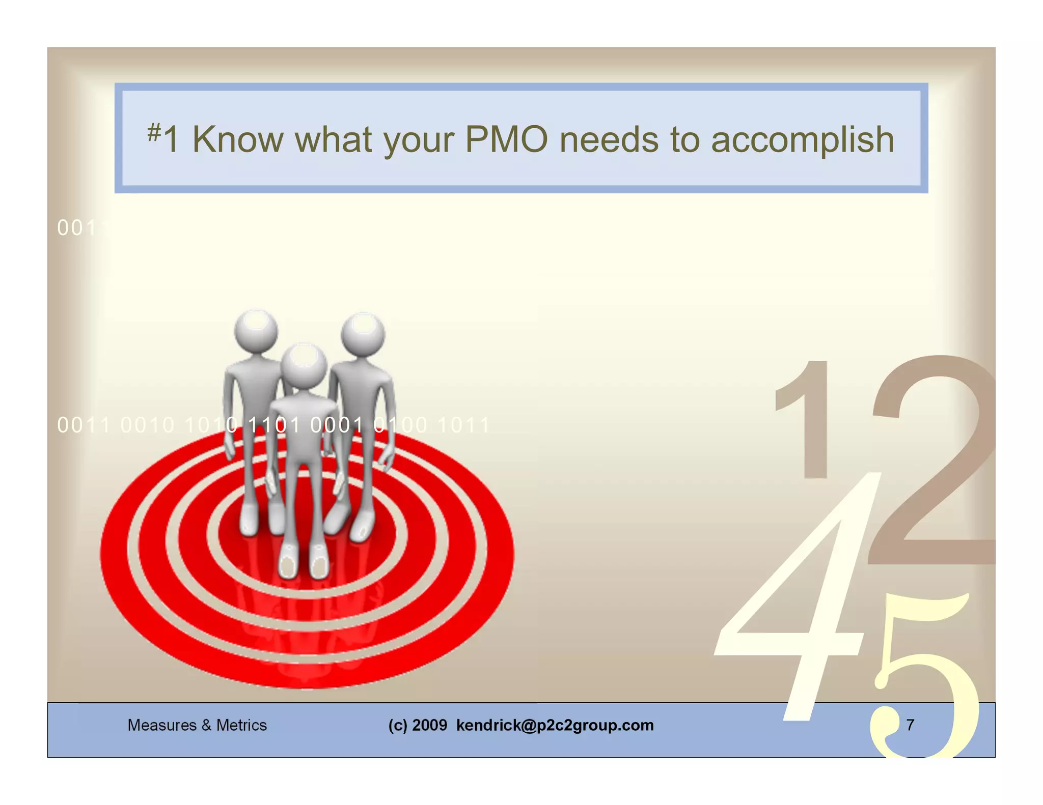 #1    Know what your PMO needs to accomplish

0011 0010 1010 1101 0001 0100 1011




0011 0010 1010 1101 0001 0100 1011




     Measures & Metrics   (c) 2009 kendrick@p2c2group.com   7
 