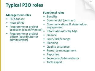 Typical P3O roles Management roles PO Sponsor Head of PO Programme or project specialist (coach/mentor) Programme or project officer (coordinator or administrator) Functional roles Benefits Commercial (contract) Communications & stakeholder engagement Information/Config Mgt Finance Issue/Risk/Change Planning Quality assurance Resource management Reporting Secretariat/administrator Tools expert 