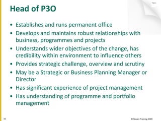 Head of P3O Establishes and runs permanent office Develops and maintains robust relationships with business, programmes and projects Understands wider objectives of the change, has credibility within environment to influence others  Provides strategic challenge, overview and scrutiny May be a Strategic or Business Planning Manager or Director Has significant experience of project management Has understanding of programme and portfolio management © Maven Training 2009 