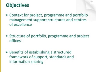 Objectives Context for project, programme and portfolio management support structures and centres of excellence Structure of portfolio, programme and project offices Benefits of establishing a structured framework of support, standards and information sharing 