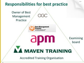 Responsibilities for best practice Accredited Training Organisation Owner of Best Management Practice Examining board 