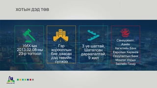 УИХ-ын
2013.02.08-ны
23-р тогтоол
Санхүүжилт:
Азийн
Хөгжлийн Банк
Европын Хөрөнгө
Оруулалтын Банк
Монгол Улсын
Засгийн Газар
Гэр
хорооллын
бие даасан
дэд төвийн
сүлжээ
3 үе шаттай,
Шаталсан
дараалалтай,
9 жил
ХОТЫН ДЭД ТӨВ
 
