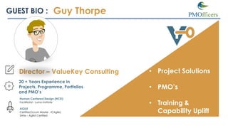 20 + Years Experience in
Projects, Programme, Portfolios
and PMO’s
AGILE
Certified Scrum Master - ICAgile)
SAFe – Agilist Certified
Guy Thorpe
Director – ValueKey Consulting
Human Centered Design (HCD)
Facilitiator - Luma Institute
• Project Solutions
• PMO’s
• Training &
Capability Uplift
 