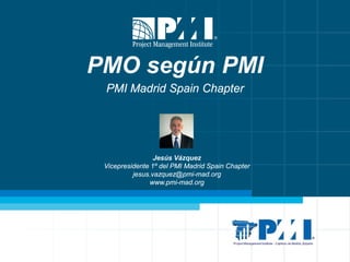 PMO según PMI
PMI Madrid Spain Chapter

Jesús Vázquez
Vicepresidente 1º del PMI Madrid Spain Chapter
jesus.vazquez@pmi-mad...