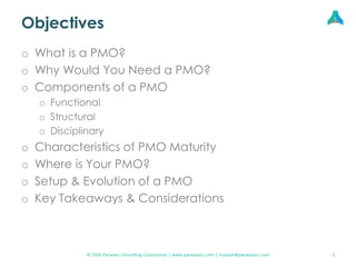 Objectives
o What is a PMO?
o Why Would You Need a PMO?
o Components of a PMO
o Functional
o Structural
o Disciplinary
o C...