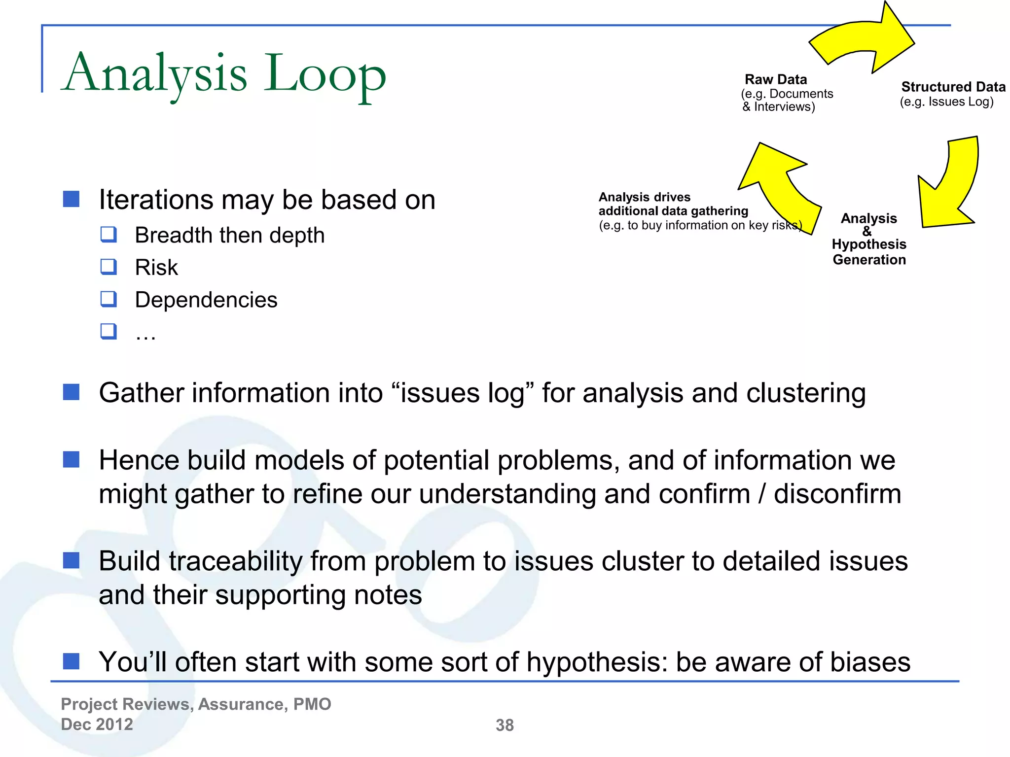 Analysis Loop                                                          Raw Data
                                                                      (e.g. Documents
                                                                      & Interviews)
                                                                                              Structured Data
                                                                                              (e.g. Issues Log)




 Iterations may be based on                Analysis drives
                                            additional data gathering
                                            (e.g. to buy information on key risks)    Analysis
       Breadth then depth                                                              &
                                                                                     Hypothesis
                                                                                     Generation
       Risk
       Dependencies
       …

 Gather information into “issues log” for analysis and clustering

 Hence build models of potential problems, and of information we
  might gather to refine our understanding and confirm / disconfirm

 Build traceability from problem to issues cluster to detailed issues
  and their supporting notes

 You’ll often start with some sort of hypothesis: be aware of biases
Project Reviews, Assurance, PMO
Dec 2012                           38
 