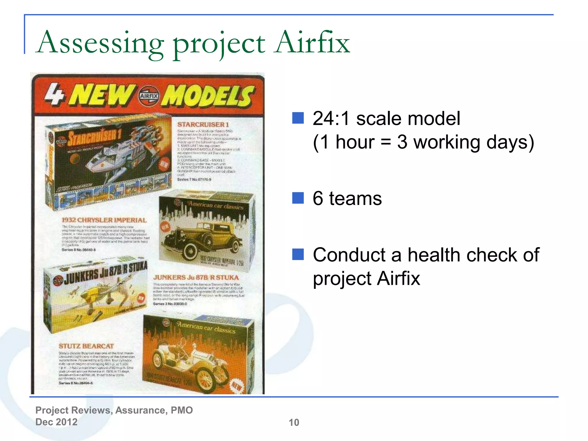 Assessing project Airfix

                                   24:1 scale model
                                    (1 hour = 3 working days)

                                   6 teams

                                   Conduct a health check of
                                    project Airfix




Project Reviews, Assurance, PMO
Dec 2012                          10
 