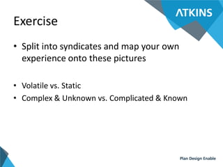 Exercise
• Split into syndicates and map your own
experience onto these pictures
• Volatile vs. Static
• Complex & Unknown...