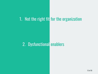 1. Not the right fit
2. Dysfunctional
for the organization
enablers
13 of 59
 