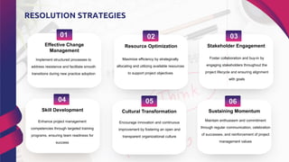RESOLUTION STRATEGIES
04
Enhance project management
competencies through targeted training
programs, ensuring team readiness for
success
Skill Development
05
Encourage innovation and continuous
improvement by fostering an open and
transparent organizational culture
Cultural Transformation
06
Maintain enthusiasm and commitment
through regular communication, celebration
of successes, and reinforcement of project
management values
Sustaining Momentum
01
Implement structured processes to
address resistance and facilitate smooth
transitions during new practice adoption
Effective Change
Management
02
Maximize efficiency by strategically
allocating and utilizing available resources
to support project objectives
Resource Optimization
03
Foster collaboration and buy-in by
engaging stakeholders throughout the
project lifecycle and ensuring alignment
with goals
Stakeholder Engagement
 