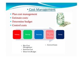 • Cost Management• Cost Management
 Plan cost managementPlan cost management
 Estimate costsEstimate costs
 Determine budgetDetermine budgetgg
 Control costsControl costs
 