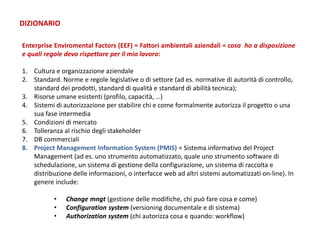 Enterprise Enviromental Factors (EEF) = Fattori ambientali aziendali = cosa ho a disposizione
e quali regole devo rispettare per il mio lavoro:
1. Cultura e organizzazione aziendale
2. Standard. Norme e regole legislative o di settore (ad es. normative di autorità di controllo,
standard dei prodotti, standard di qualità e standard di abilità tecnica);
3. Risorse umane esistenti (profilo, capacità, …)
4. Sistemi di autorizzazione per stabilire chi e come formalmente autorizza il progetto o una
sua fase intermedia
5. Condizioni di mercato
6. Tolleranza al rischio degli stakeholder
7. DB commerciali
8. Project Management Information System (PMIS) = Sistema informativo del Project
Management (ad es. uno strumento automatizzato, quale uno strumento software di
schedulazione, un sistema di gestione della configurazione, un sistema di raccolta e
distribuzione delle informazioni, o interfacce web ad altri sistemi automatizzati on-line). In
genere include:
• Change mngt (gestione delle modifiche, chi può fare cosa e come)
• Configuration system (versioning documentale e di sistema)
• Authorization system (chi autorizza cosa e quando: workflow)
DIZIONARIO
 