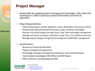 : (647) 247-4810
: pmp@uloomtraining.com
 : www.uloomtraining.com
©Hamza Qazi
Project Life Cycle & Integration 7
Project Manager
 Responsible for applying project management knowledge, skills, tools and
techniques in order to produce project deliverables and meet its
objectives.
 Major Responsibilities:
◦ Define project goals, charter, objectives, scope, deliverables and success criteria.
◦ Develop both high and detailed-level plans: scope, schedule, and budget.
◦ Monitor and control project through issues, risks, time and budget management.
◦ Manage and report on project constraints: scope, time, cost, quality & resources.
◦ Manage project changes through formal change and stakeholder management.
 Qualifications:
◦ Business or technical education
◦ Project management experience
◦ Knowledge of project management processes, tools and techniques
◦ Intermediate knowledge of MS Office and MS Project
◦ PMP certified or working towards PMP
 