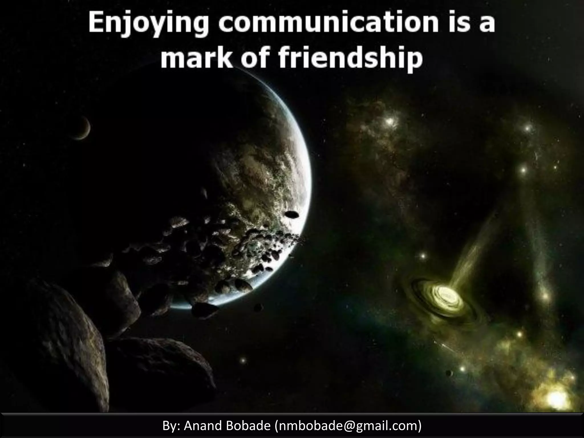 By: Anand Bobade (nmbobade@gmail.com)
10.2 Manage Communications->Inputs, T&T & Outputs
Inputs (4)
• Communications
management plan
• Work performance
reports
• EEF
• OPA
Tools &
Techniques(5)
• Communication
technology
• Communication
models
• Communication
methods
• Information
management
systems
• Performance
reporting
Outputs (4)
• Project
communications
• PMP updates
• Project documents
updates
• OPA updates
By: Anand Bobade (nmbobade@gmail.com)
 