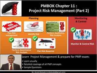 By: Anand Bobade (nmbobade@gmail.com)
Learn Project Management & prepare for PMP exam:
• Learn visually
• Detailed coverage of all PMP concepts
• Sample Questions
PMBOK Chapter 11 :
Project Risk Management (Part 2)
Monitor & Control Risk
Monitoring
& Control
Planning
Plan Risk
management
Identify Risk
Perform Qualitative
Risk Analysis
Perform Quantitative
Risk Analysis
Plan Risk Response
 
