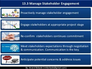 By: Anand Bobade (nmbobade@gmail.com)
13.3 Manage Stakeholder Engagement
Proactively manage stakeholder engagement
Engage stakeholders at appropriate project stage
Re-confirm stakeholders continues commitment
Meet stakeholders expectations through negotiation
& communication. Communication is the key.
Anticipate potential concerns & address issues
 