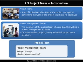 By: Anand Bobade (nmbobade@gmail.com)By: Anand Bobade (nmbobade@gmail.com)
Organizational Process Assets
Organizational Process Assets:
Processes and
procedures:
• Policies
• Procedures
• Standard template
• General guidelines
• E.g., QA process,
Procurement
procedure.
Corporate knowledge
base:
• Risk register
• Lessons learned
• Stakeholder register
• Past project files
• Historical information
of projects
 