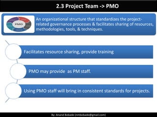 By: Anand Bobade (nmbobade@gmail.com)By: Anand Bobade (nmbobade@gmail.com)
Questions 2
Managing a project is best described as which one of the following?
A. Establishing direction
B. Functional controls over the project team and stakeholders
C. Consistently producing key results expected by stakeholders
D. Motivating and inspiring the project team to produce results
C. Managing has to do with consistently producing key results that are expected by
stakeholders. (For more information, see section 1.2.1.2 in the PMBOK.)
Choices A and D describe the leadership processes a project manager must possess,
therefore they are wrong. Choice B is incorrect as it describes the functional
management position over project team members.
 