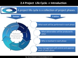 By: Anand Bobade (nmbobade@gmail.com)By: Anand Bobade (nmbobade@gmail.com)
Project life cycle
A project life cycle is a collection of project phases.
Can be referred as performing organizations or
departments project methodology.
• Predictive Life cycle (Waterfall or traditional life cycle)Plan Driven
• Iterative, incremental or adaptive lifecycleChange Driven
Predictive Iterative & Incremental Adaptive
 