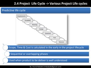 By: Anand Bobade (nmbobade@gmail.com)By: Anand Bobade (nmbobade@gmail.com)
Project Life Cycle -> Characteristics
In early phases
• Greater opportunity to influence the
project.
• Resource needs are usually lowest.
• Risk is highest.
• Cost of changes are lowest.
In middle phases
• Certainty of completing a project improves.
• More resources are needed.
In final phase
• Cost of changes is highest.
• Risk are lowest.
 