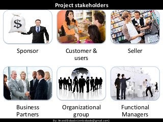 By: Anand Bobade (nmbobade@gmail.com)By: Anand Bobade (nmbobade@gmail.com)
Project stakeholders
Sponsor Customer &
users
Seller
Business
Partners
Organizational
group
Functional
Managers
 