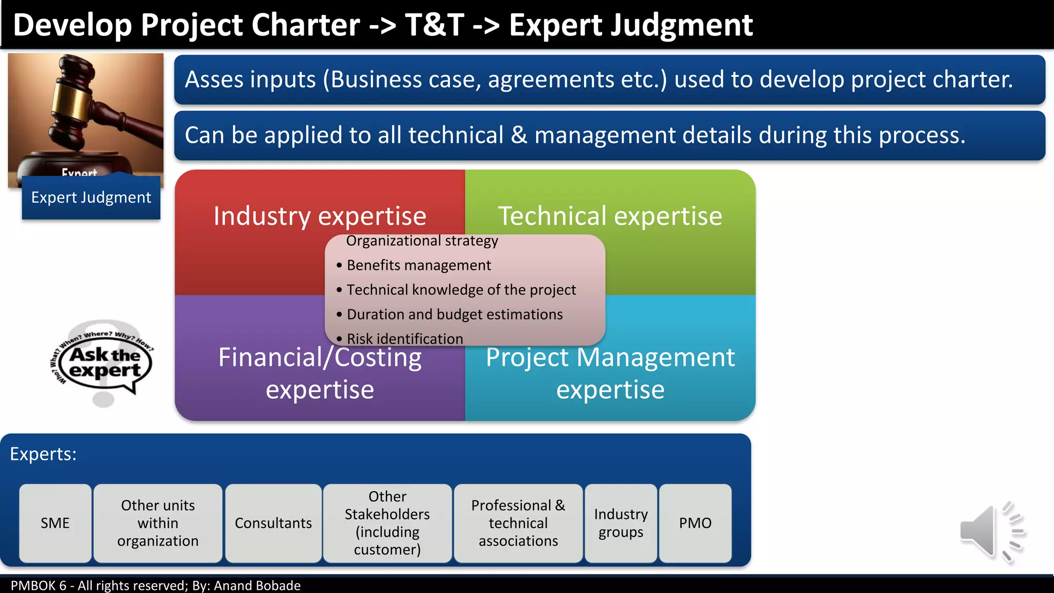 PMBOK 6 - All rights reserved; By: Anand Bobade
Expert Judgment
Asses inputs (Business case, agreements etc.) used to develop project charter.
Can be applied to all technical & management details during this process.
Industry expertise Technical expertise
Financial/Costing
expertise
Project Management
expertise
Organizational strategy
• Benefits management
• Technical knowledge of the project
• Duration and budget estimations
• Risk identification
Develop Project Charter -> T&T -> Expert Judgment
Experts:
SME
Other units
within
organization
Consultants
Other
Stakeholders
(including
customer)
Professional &
technical
associations
Industry
groups
PMO
 