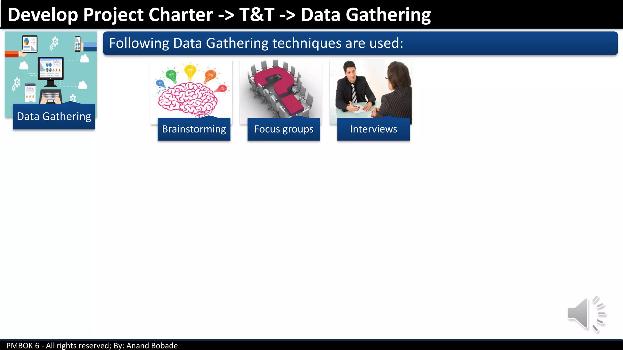 PMBOK 6 - All rights reserved; By: Anand Bobade
Data Gathering
Following Data Gathering techniques are used:
Brainstorming Focus groups Interviews
Develop Project Charter -> T&T -> Data Gathering
 
