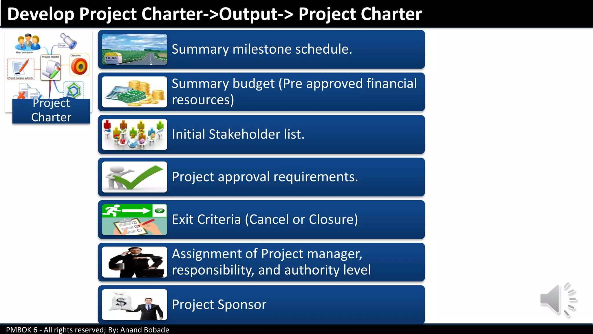PMBOK 6 - All rights reserved; By: Anand Bobade
Project
Charter
Summary milestone schedule.
Summary budget (Pre approved financial
resources)
Initial Stakeholder list.
Project approval requirements.
Exit Criteria (Cancel or Closure)
Assignment of Project manager,
responsibility, and authority level
Project Sponsor
Develop Project Charter->Output-> Project Charter
 