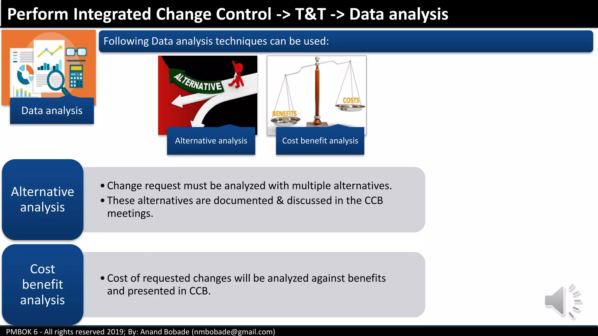 PMBOK 6 - All rights reserved 2019; By: Anand Bobade (nmbobade@gmail.com)
Data analysis
•Change request must be analyzed with multiple alternatives.
•These alternatives are documented & discussed in the CCB
meetings.
Alternative
analysis
•Cost of requested changes will be analyzed against benefits
and presented in CCB.
Cost
benefit
analysis
Perform Integrated Change Control -> T&T -> Data analysis
Alternative analysis Cost benefit analysis
Following Data analysis techniques can be used:
 