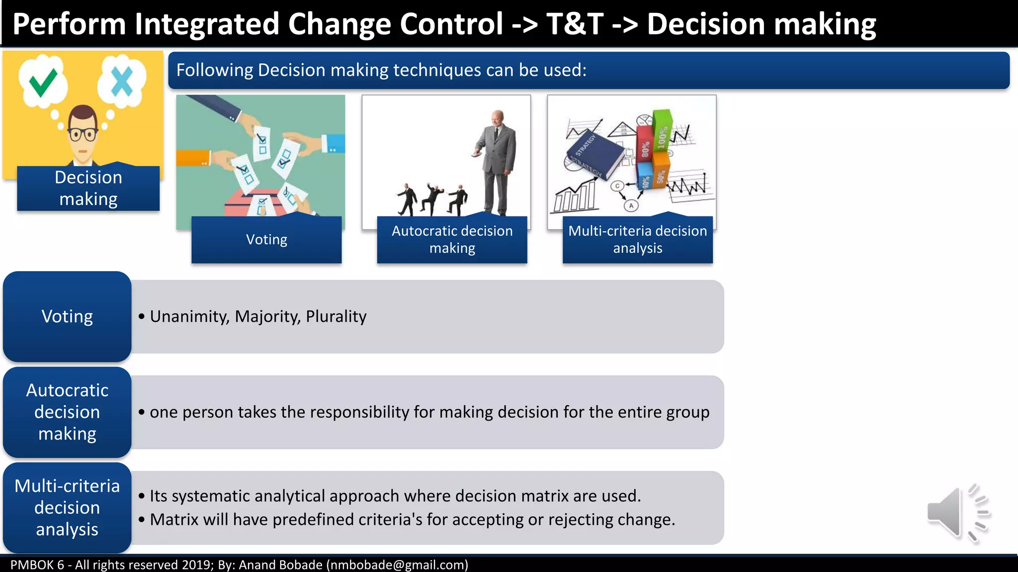 PMBOK 6 - All rights reserved 2019; By: Anand Bobade (nmbobade@gmail.com)
Decision
making
Following Decision making techniques can be used:
Perform Integrated Change Control -> T&T -> Decision making
Voting
Autocratic decision
making
Multi-criteria decision
analysis
• Unanimity, Majority, PluralityVoting
• one person takes the responsibility for making decision for the entire group
Autocratic
decision
making
• Its systematic analytical approach where decision matrix are used.
• Matrix will have predefined criteria's for accepting or rejecting change.
Multi-criteria
decision
analysis
 
