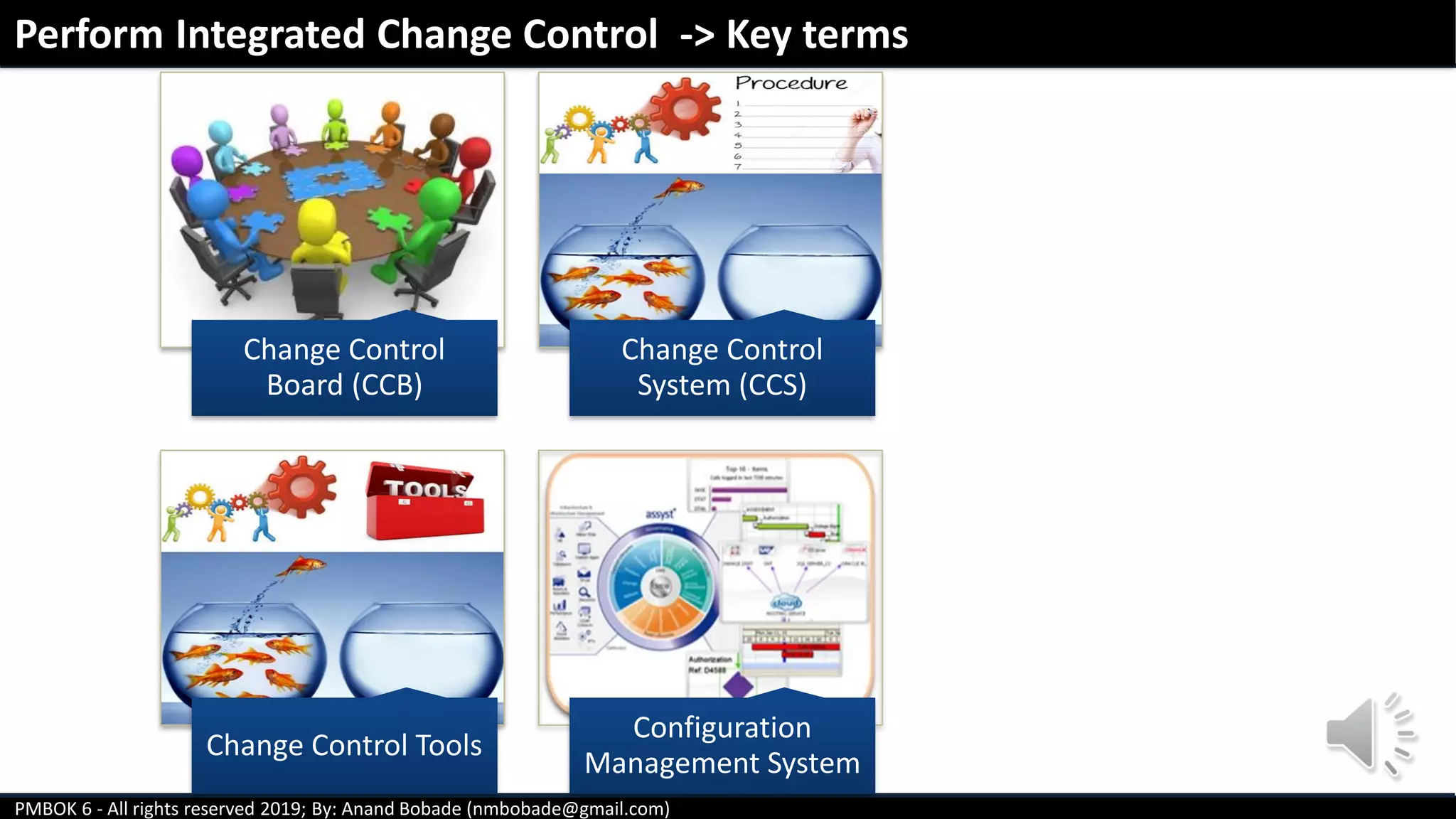 PMBOK 6 - All rights reserved 2019; By: Anand Bobade (nmbobade@gmail.com)
Change Control
Board (CCB)
Change Control
System (CCS)
Change Control Tools
Configuration
Management System
Perform Integrated Change Control -> Key terms
 