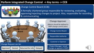 PMBOK 6 - All rights reserved 2019; By: Anand Bobade (nmbobade@gmail.com)
Change Control Board (CCB):
A formally chartered group responsible for reviewing, evaluating,
approving/rejecting changes to project. Also, responsible for recording
& communicating.
Perform Integrated Change Control -> Key terms -> CCB
Change Approver
(Matrix should be defined in
PMP-change control plan)
Change Control Board
Responsible Authority
Customer or Sponsor
Project Manager (small
changes as agreed in PMP)
Change Control
Board
Change Request can be:
Approved Denied Returned for info Delayed
 