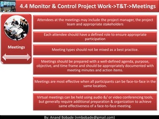 By: Anand Bobade (nmbobade@gmail.com)
Expert Judgment
Analytical
Techniques
PMIS Meetings
4.4 Monitor & Control Project Wo...