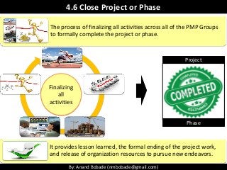 By: Anand Bobade (nmbobade@gmail.com)
Finalizing
all
activities
4.6 Close Project or Phase
The process of finalizing all a...