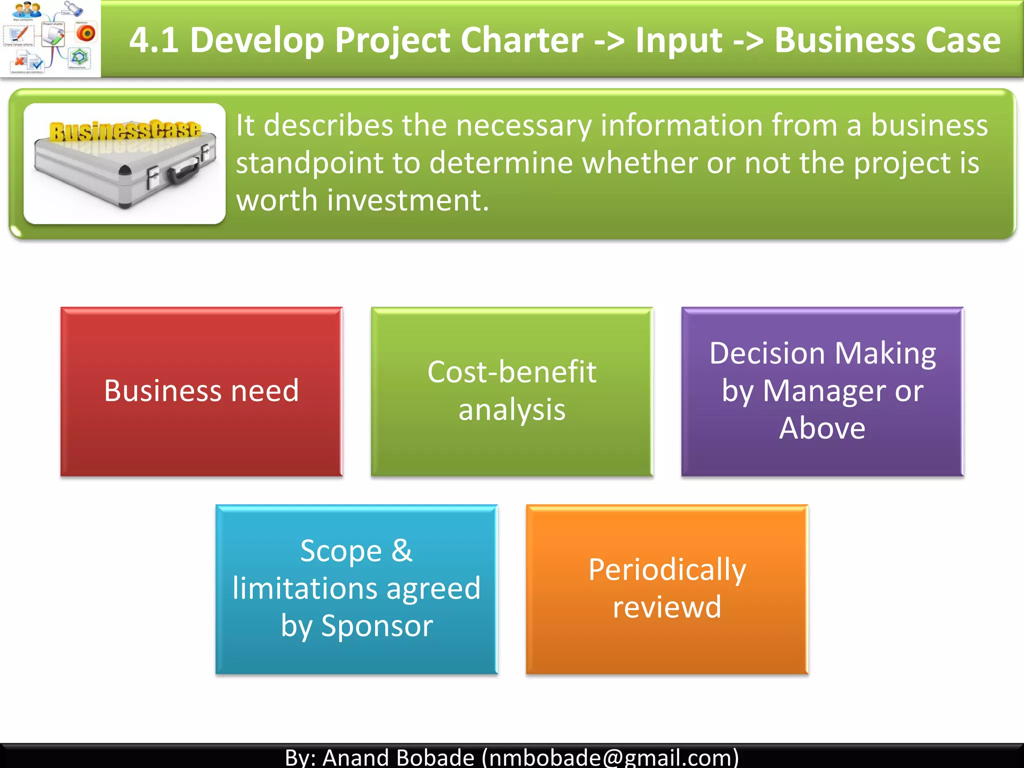 By: Anand Bobade (nmbobade@gmail.com)By: Anand Bobade (nmbobade@gmail.com)
Vision Mission Values Objective Strategies GoalsStrategic plan
contains
4.1 Develop Project Charter -> Input -> Statement of Work
4.1 I T&T O
 