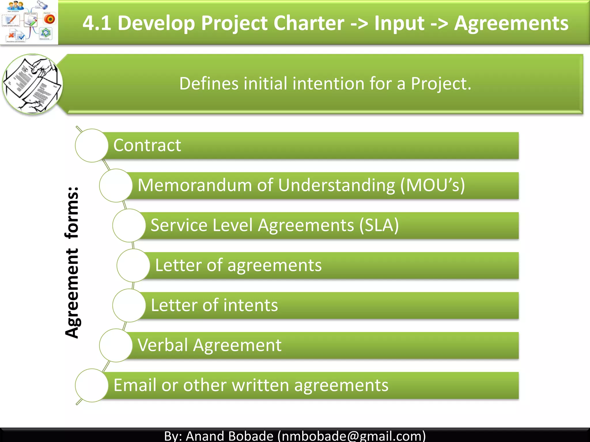 By: Anand Bobade (nmbobade@gmail.com)By: Anand Bobade (nmbobade@gmail.com)
4.1 Develop Project Charter -> Input -> Business Case
Business
Case
Decision Making by Manager or Above Periodically reviewed
Business Case contains:
Business background
Business Benefits
Assumption & Constraints
GAP analysis, Cost Benefit analysis
Expected Cost, ROI
Identify Business need Establishes feasibility
Establishes business value & importance
(Cost-benefit analysis)
4.1 I T&T O
 