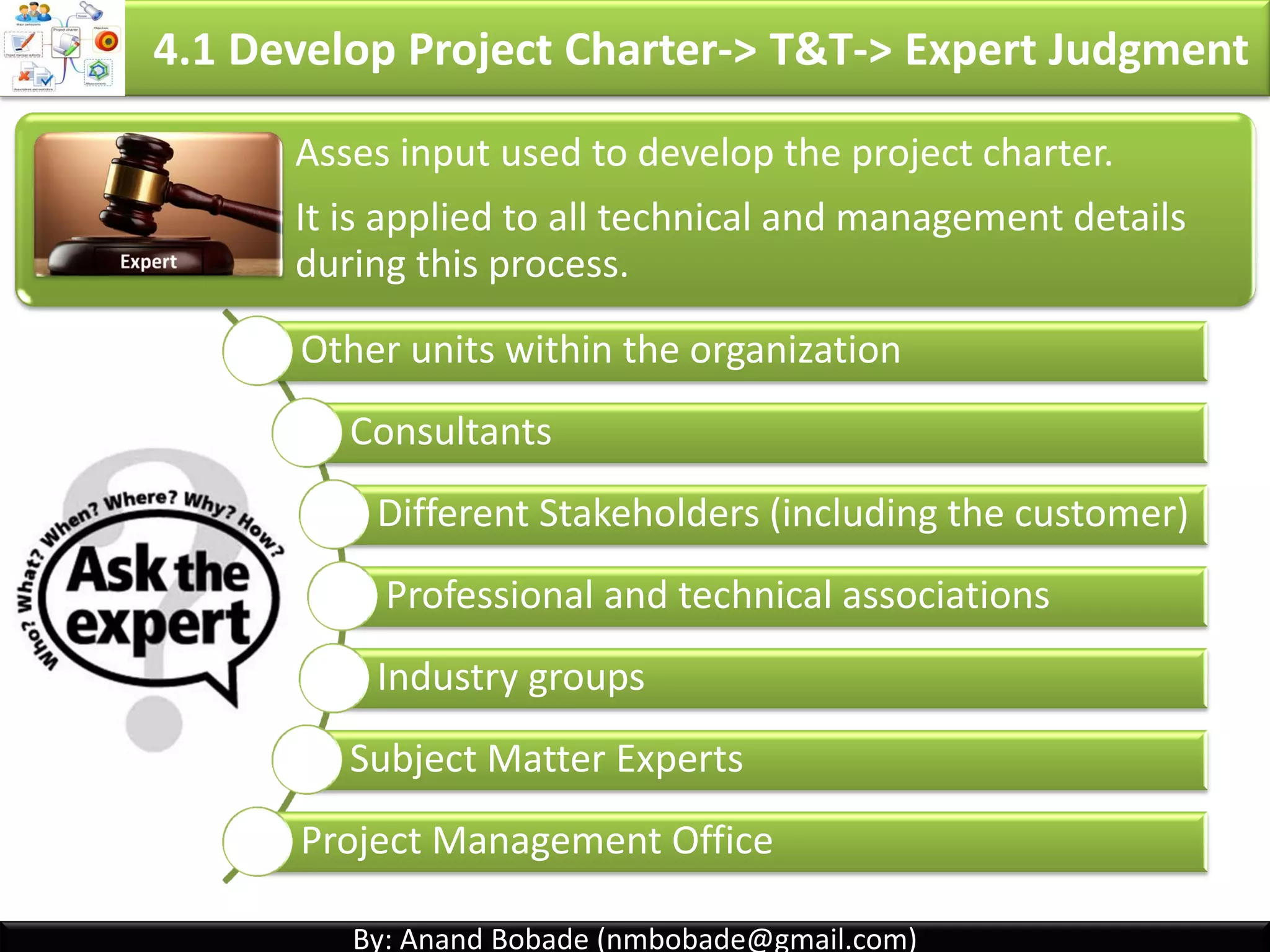 By: Anand Bobade (nmbobade@gmail.com)By: Anand Bobade (nmbobade@gmail.com)
Economic models for project selection
4.1 Develop Project Charter -> Input -> Business Case
Present value
(PV)
Future value
(FV)
Net present
value (NPV):
Internal rate of
return (IRR)
Payback period Cost benefit
analysis
4.1 I T&T O
 