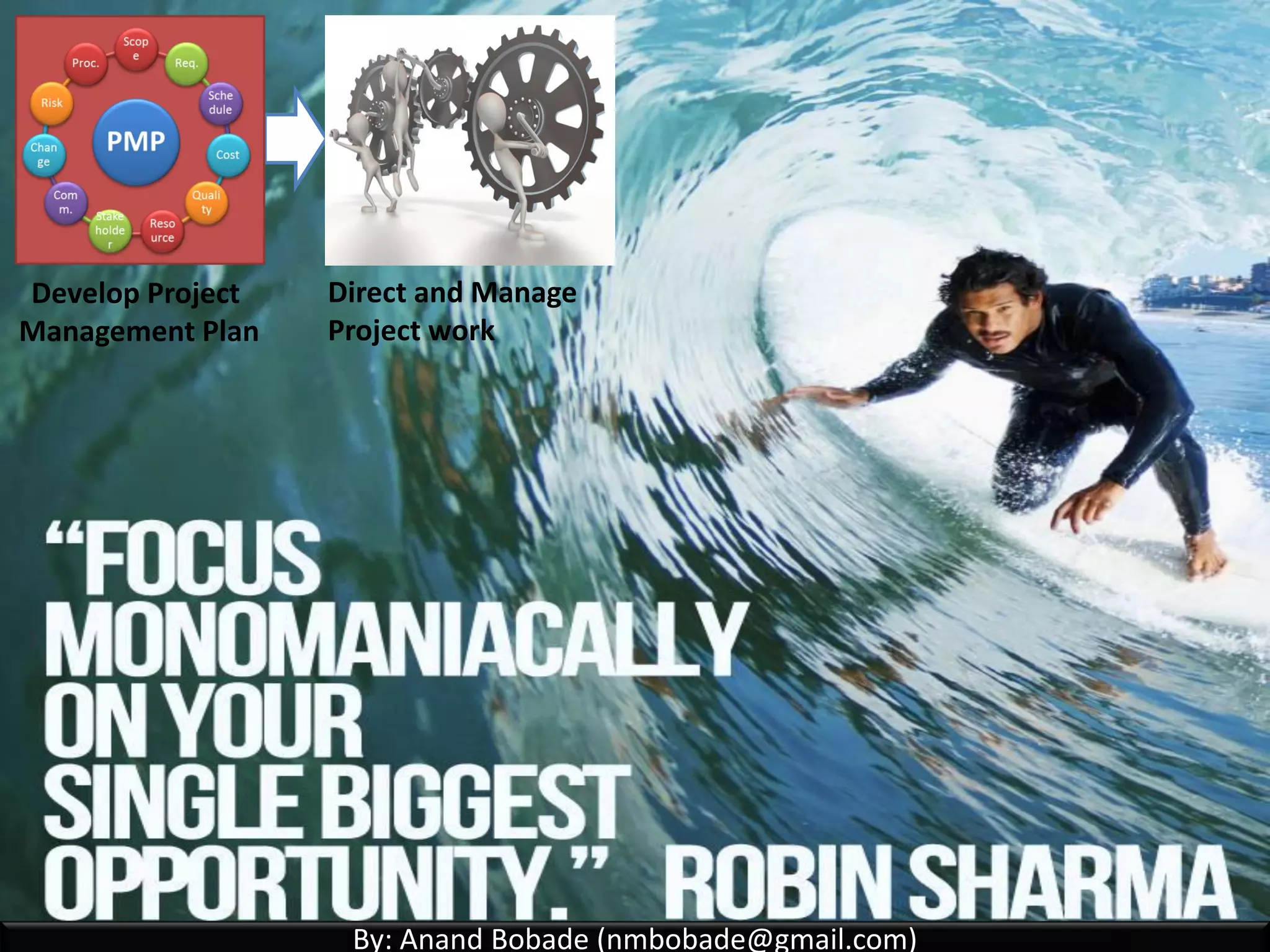 By: Anand Bobade (nmbobade@gmail.com)By: Anand Bobade (nmbobade@gmail.com)
4.2 Develop Project Management Plan
Develop PMP Process definition
Develop Project Management Plan - ITTO
How to develop PMP?
Content of PMP.
What is process tailoring?
What are different subsidiary plans?
What are project documents?
Data flow diagram
Review
Self Assessment
4.2 I T&T O
 