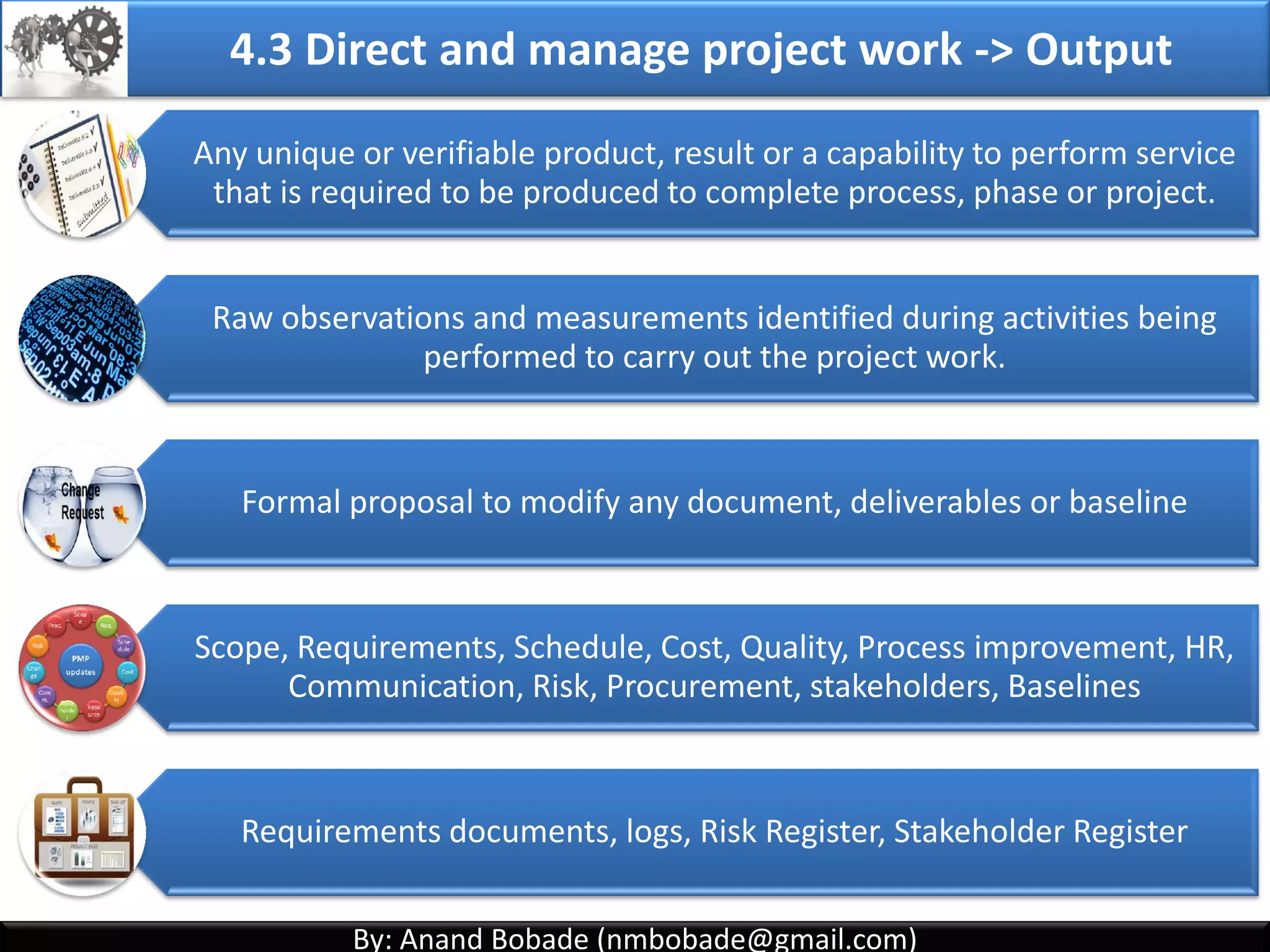 By: Anand Bobade (nmbobade@gmail.com)By: Anand Bobade (nmbobade@gmail.com)
4.2 Develop PMP->Inputs->Output from other processes
Jan Feb Mar Apr
Project Management Plan
Scope Management Plan
Collect Requirements
Schedule Management Plan
Develop Schedule
Cost Management Plan
Develop Budget
Note: Similar logic is applicable for all other subsidiary plans
PMP will integrates details from plan’s of all knowledge areas.
Further, scope, time & cost knowledge area’s all planning processes has to complete
to generate respective baselines, which will be incorporated in PMP.
4.2 I T&T O
 
