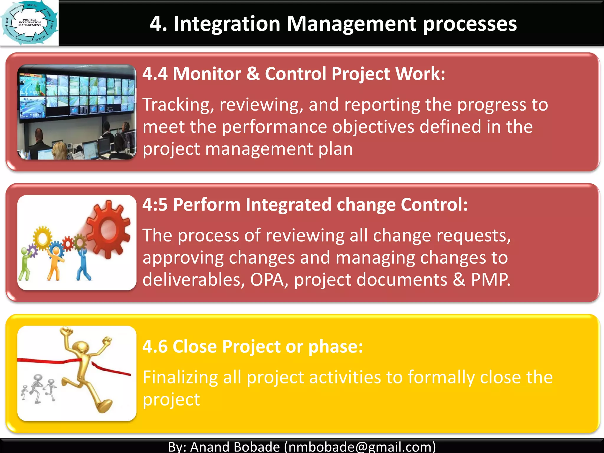 By: Anand Bobade (nmbobade@gmail.com)By: Anand Bobade (nmbobade@gmail.com)
4. Integration Management processes
4.1 Develop Project Charter:
Formally authorizes a project, and provide the project
manager with the authority to apply organizational
resources to the project activities.
4.2 Develop Project Management plan:
The process of defining, preparing, coordinating and
integrating all subsidiary plans.
4.3: Direct and Manage Project work:
Carrying out the project management plan by
performing the activities included in it
 
