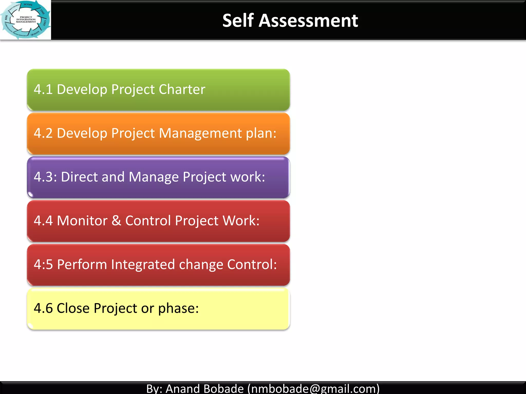 By: Anand Bobade (nmbobade@gmail.com)By: Anand Bobade (nmbobade@gmail.com)
4.2 Develop PM plan-> Output -> Project Management Plan
Project
Management
plan
Supporting documents / other project documents:
Project Agreements/ contacts
Seller Information
Project forecasts
Activity lists
Project estimates
Performance assessments
4.2 I T&T O
 