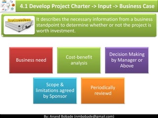 By: Anand Bobade (nmbobade@gmail.com)By: Anand Bobade (nmbobade@gmail.com)
Vision Mission Values Objective Strategies GoalsStrategic plan
contains
4.1 Develop Project Charter -> Input -> Statement of Work
4.1 I T&T O
 
