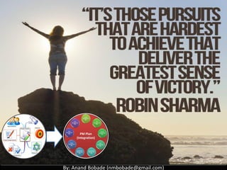 By: Anand Bobade (nmbobade@gmail.com)
4.1 Develop PC -> Input -> BC -> Project Selection -> PBP
Payback Period:
• The time it takes to recover your investment in the
project before you start accumulating profit.
• Less payback period is better.
Plan to buy property
worth 1 million
Return 200K per year
Payback period = 5 years
Return 250K per year
Payback period = 4 years
4.1 I T&T O
 