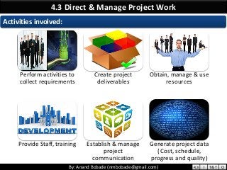 By: Anand Bobade (nmbobade@gmail.com)By: Anand Bobade (nmbobade@gmail.com)
4.3 Direct & Manage Project Work
Activities involved:
Perform activities to
collect requirements
Create project
deliverables
Obtain, manage & use
resources
Provide Staff, training Establish & manage
project
communication
Generate project data
( Cost, schedule,
progress and quality)
4.3 I T&T O
 